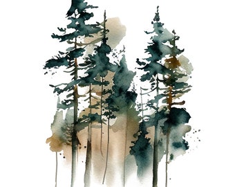 Pine Trees Painting Misty Forest Art Print Pine Tree Watercolor Evergreen Forest Landscape Wall Art