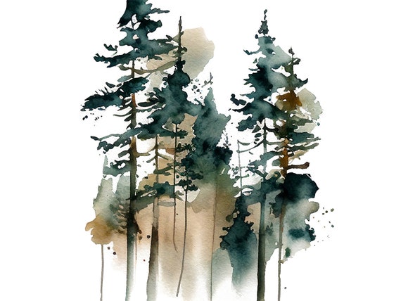 Pine Trees Painting Misty Forest Art Print Pine Tree Watercolor Evergreen Forest Landscape Wall Art