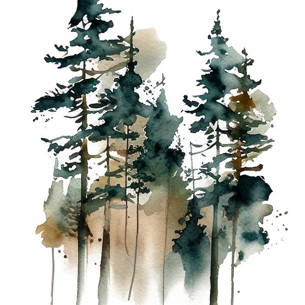 Pine Trees Painting Misty Forest Art Print Pine Tree Watercolor Evergreen Forest Landscape Wall Art