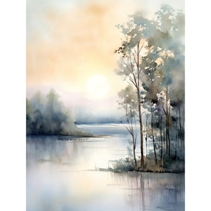 Ohio Painting Green River Watercolor Painting Sunset River Abstract Landscape Forest River Watercolor Print Minimalist Art