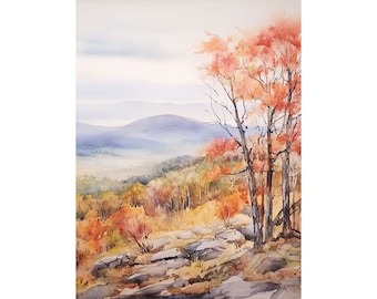 Impresión del Parque Nacional Shenandoah, pintura de acuarela de los Apalaches, horizonte de la montaña Blue Ridge, arte de pared, póster de bosque otoñal