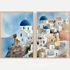 Santorini Prints Set of 2 Greece Watercolor Painting Greek Island Wall Art Coastal Landscape Print Mediterranean Coastline Wall Art