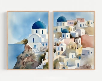 Santorini Prints 2er Set Griechenland Aquarell Malerei Griechische Insel Wandkunst Küstenlandschaft Mittelmeerküstenlinie Wandkunst