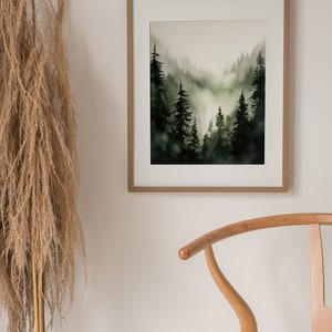 Evergreen Forest Poster Foggy Pine Trees Watercolor Painting Misty ...