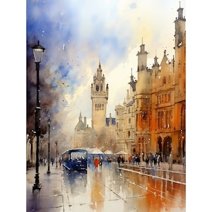 Pintura de acuarela de Glasgow, impresión artística de paisaje urbano, arte de pared de Escocia, cartel de ciudad escocesa lluviosa