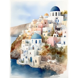 Santorini Painting Greece Watercolor Art Print Coastal Landscape Europe Travel Poster Cityscape Watercolor Prints