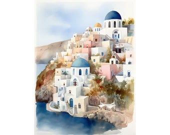 Santorini Malerei Griechenland Aquarell Kunstdruck Küstenlandschaft Europa Reise Poster Stadtbild Aquarell Drucke