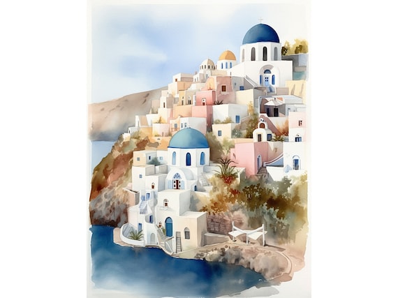 サントリーニ島の絵画 ギリシャ 水彩画 アートプリント 海岸風景