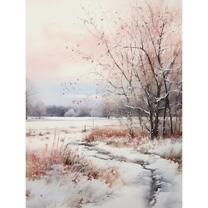 May include: A watercolor painting of a snowy landscape with a single tree in the foreground. The tree is bare and has a few branches covered in snow. The background is a field of snow with a few trees in the distance. The sky is a soft pink and blue.