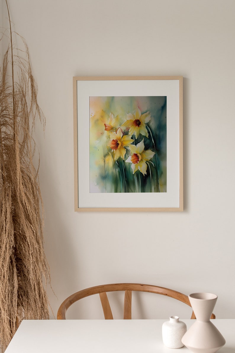 Daffodil Painting Floral Watercolor Art Print Farmhouse Wall Art Spring Flowers Poster Landscape Print