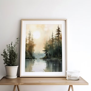 Sunrise Forest Lake Painting Neutral Brown Landscape Michigan Art Print ...