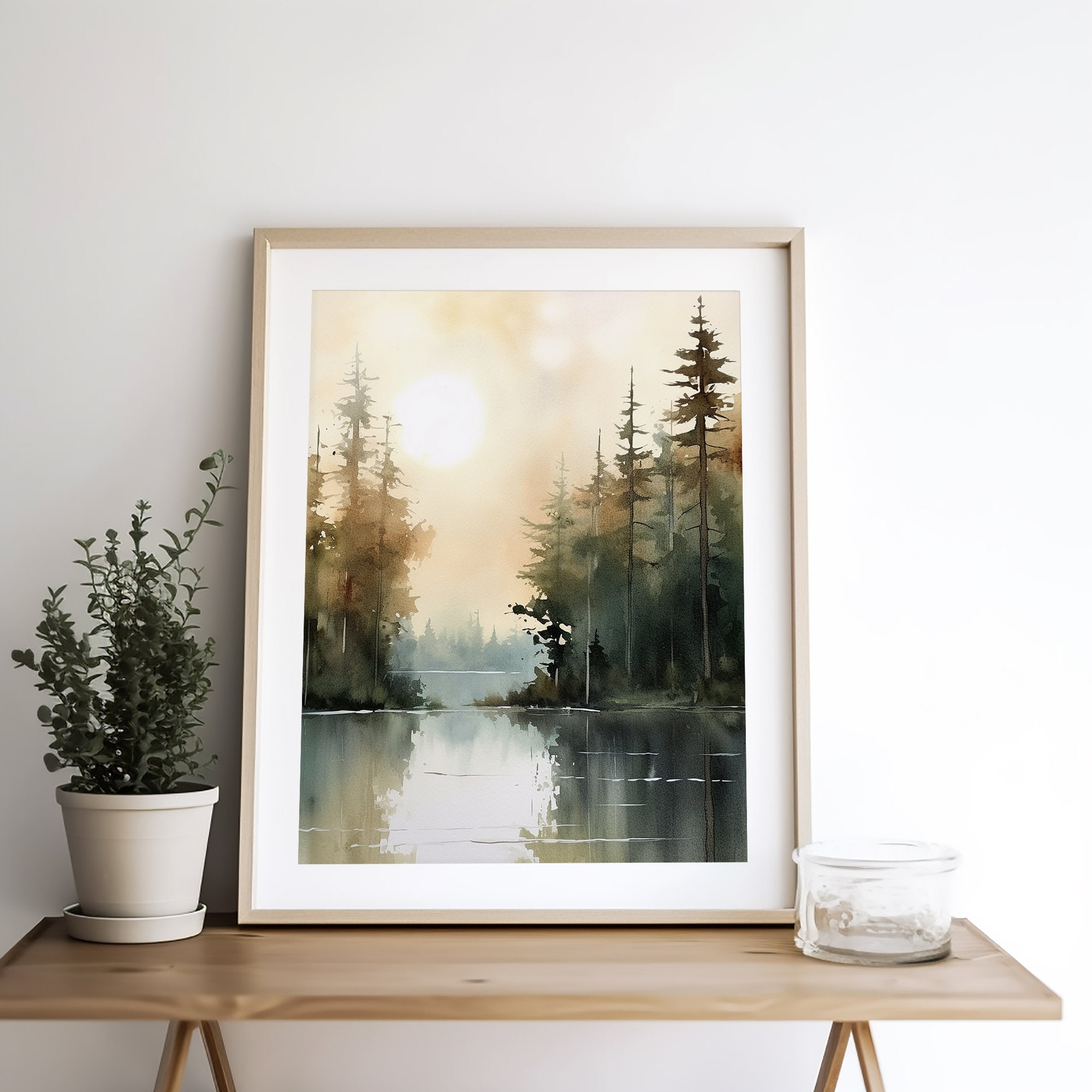 Sunrise Forest Lake Painting Neutral Brown Landscape Michigan Art Print ...