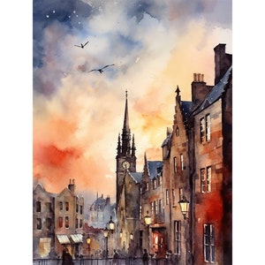 エディンバラの絵画 スコットランド 水彩画 スコットランドの都市景観 プリント 夕方の街 ウォールアート 旅行ポスター