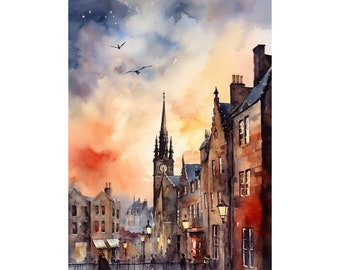 Edinburgh Painting Scotland Watercolor Art Scottish Cityscape Print Evening Town Wall Art Travel Poster