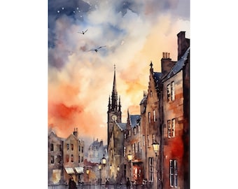 Edinburgh Painting Scotland Watercolor Art Scottish Cityscape Print Evening Town Wall Art Travel Poster