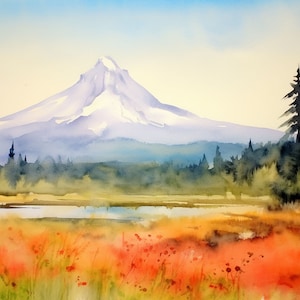 Mt Hood Painting Oregon Watercolor Landscape Pacific Northwest Art Print Mountain Field Wall Art Pine Forest Print