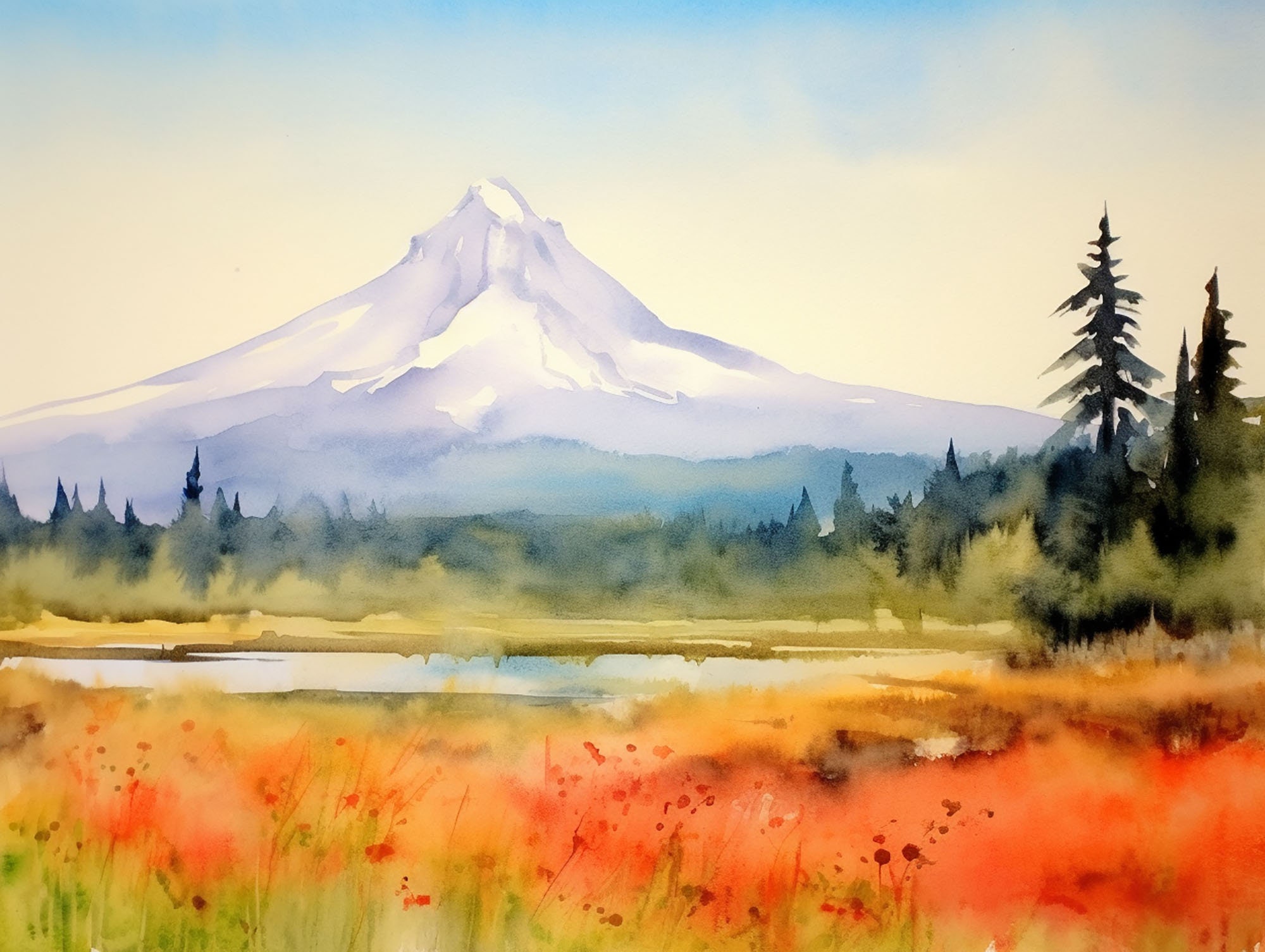 マウントフッドの絵画 オレゴン州 水彩風景画 太平洋岸北西部 アート