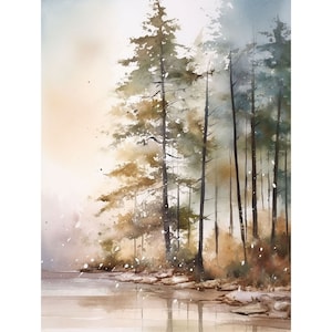 Flathead Lake Gemälde Waldsee Druck Montana Landschaft Aquarell Kiefernwald Kunst Neutral Beige Grün Poster