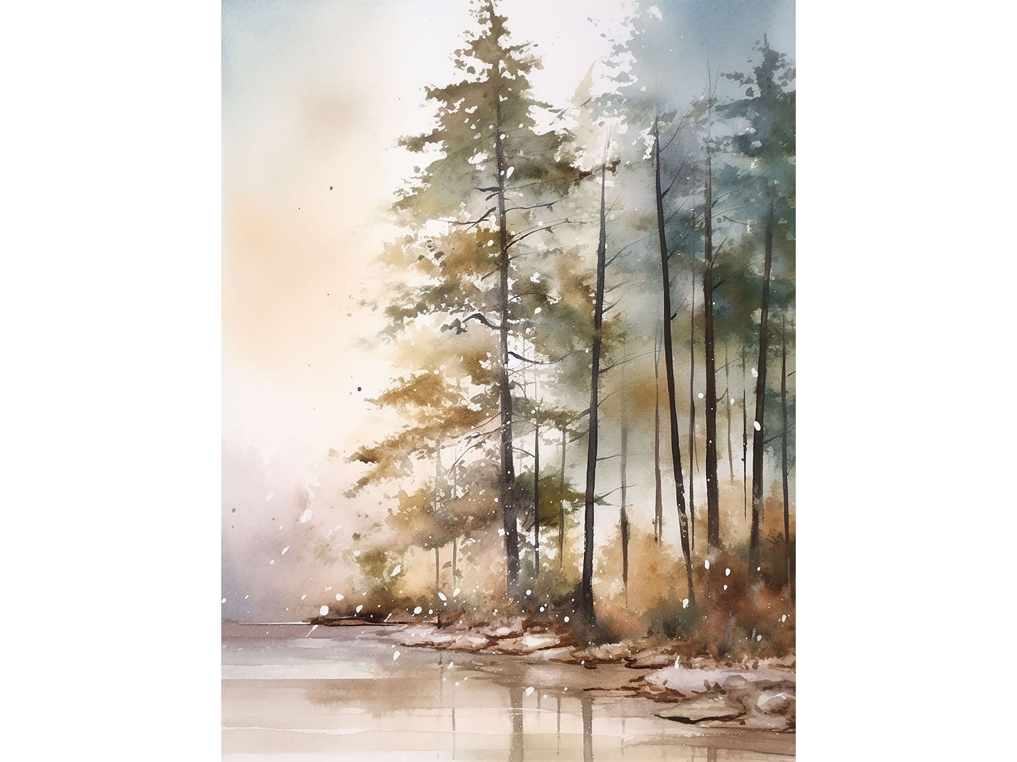 Flathead Lake Painting Forest Lake Print Montana Landscape Watercolor Pine Forest Art Neutral Beige Green Poster