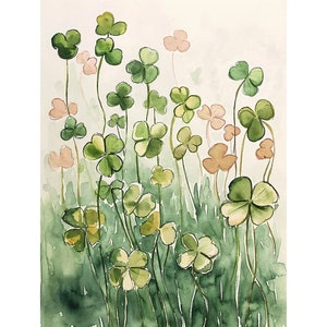 Clover Painting Floral Watercolor Print Four Leaf Clover Wall Art Clover Meadow Print St Patricks Gift