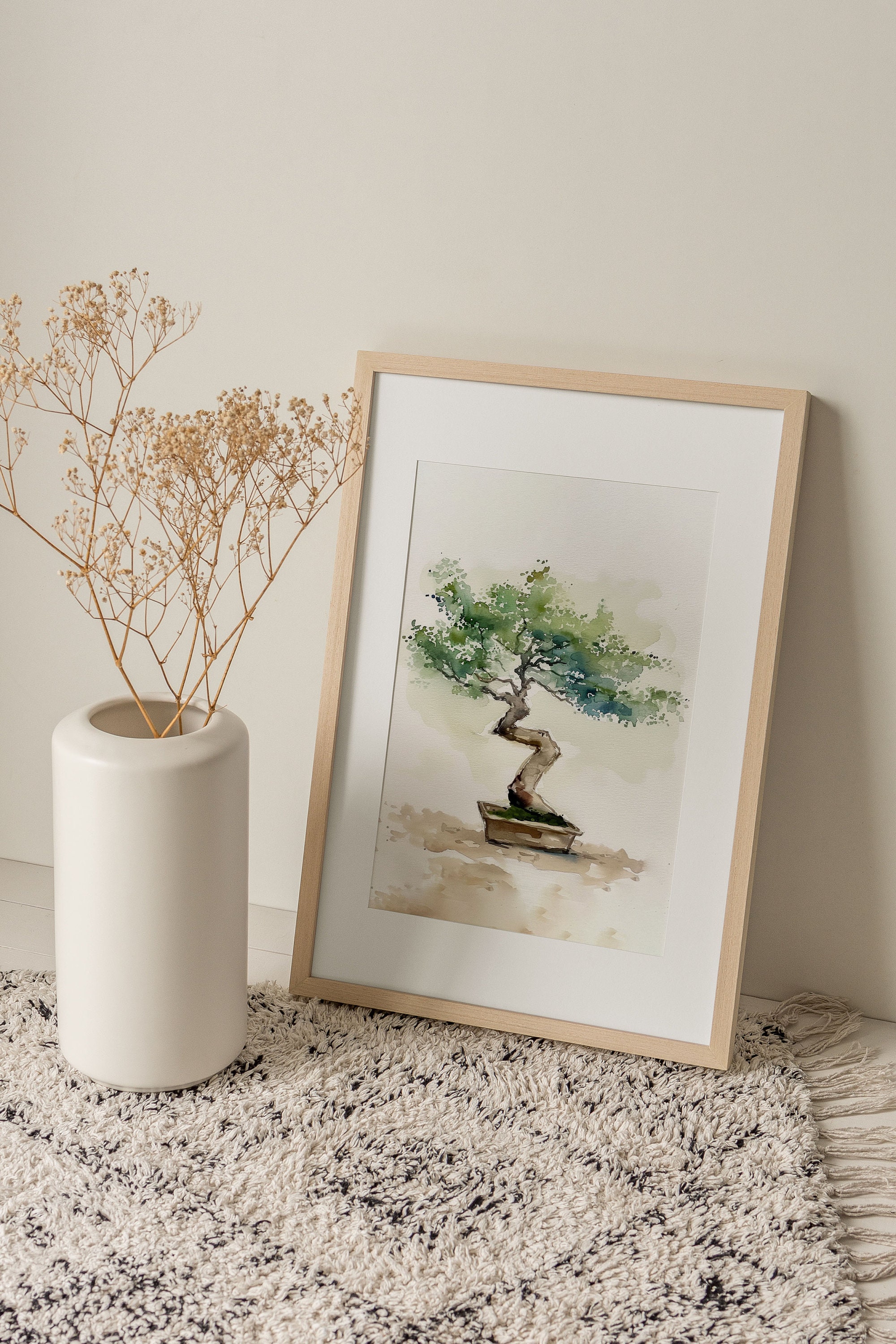 盆栽の木の絵画 盆栽水彩画 緑の木の壁アート ジクレープリント 植物