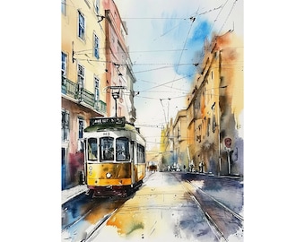 Lisbon Painting Portugal Cityscape Watercolor Art Print Tram Wall Art Street Scene Artwork Travel Poster Architecture Sketch