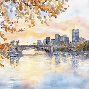 チャールズ川の絵画 ボストンの街並み 水彩画 アートプリント ボストン橋 壁画 風景画 ボストンのスカイライン 旅行ポスター