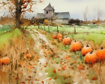 Farm Watercolor Painting Pumpkins Patch Art Print Rustic Barn Wall Art Autumn Landscape Farming Artwork