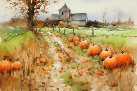 Farm Watercolor Painting Pumpkins Patch Art Print Rustic Barn Wall Art Autumn Landscape Farming Artwork