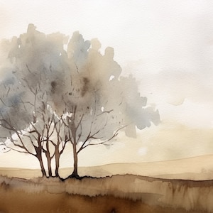Abstract Tree Painting Landscape Watercolor Art Print Neutral Earth Tone Wall Art Gray and Brown Print