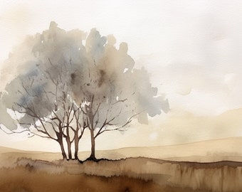 Abstract Tree Painting Landscape Watercolor Art Print Neutral Earth Tone Wall Art Gray and Brown Print