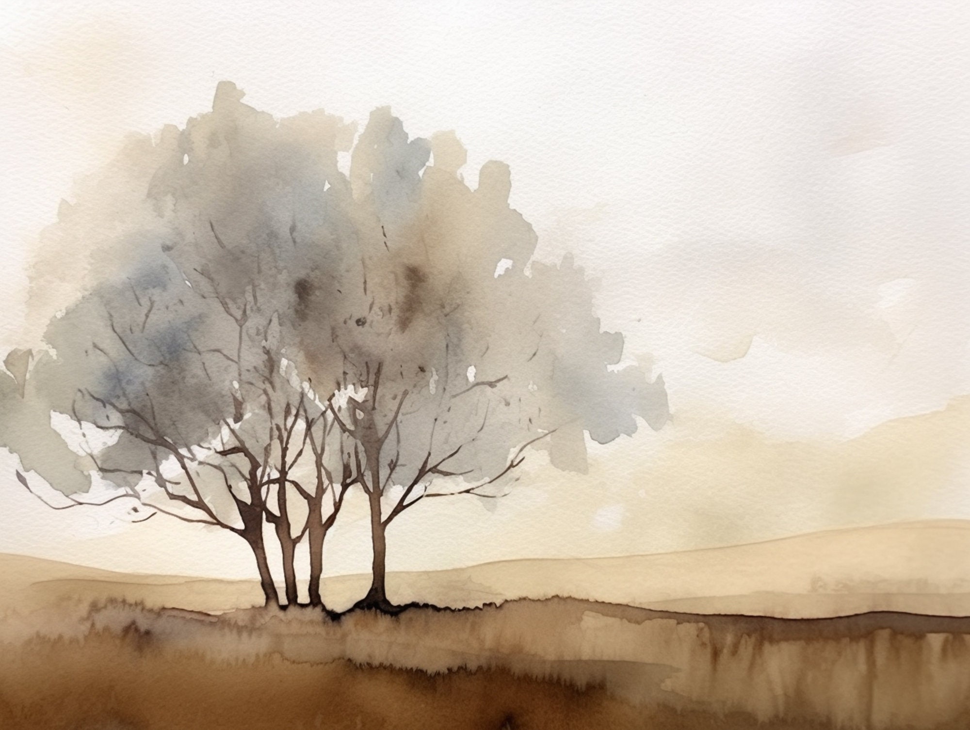 Abstract Tree Painting Landscape Watercolor Art Print Neutral Earth Tone Wall Art Gray and Brown Print