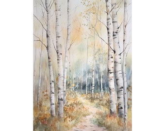 Puede incluir: Pintura a la acuarela de una escena de bosque con altos abedules. Los árboles tienen corteza blanca con marcas oscuras. Un camino conduce a través de los árboles, con suaves tonos amarillos y verdes en el fondo.