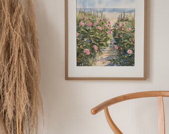 Cape Cod Painting Beach Roses Watercolor Art Print Coastal Wall