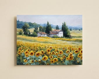 Sunflower Field Painting Tuscany Italy Watercolor Art Print Wall Art Living Room Decor Italian Countryside Farmhouse Landscape