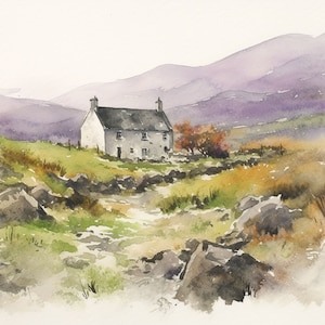 Irish Thatched Cottage Painting County Donegal Landscape Watercolor Art Print Ireland Mountain Farm Artwork