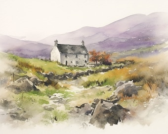 May include: A watercolor painting of a white cottage with a gray roof in a rural landscape. The cottage is surrounded by green grass and rocks, with purple mountains in the background.