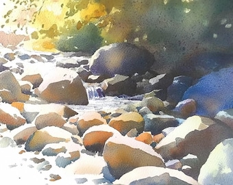 Snoqualmie River Painting King County Watercolor Art Print Rocky River Wall Art Stone Print Mountain river Landscape Bright Sunlight Art