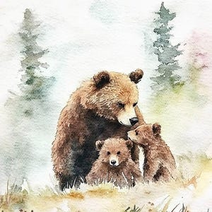ヒグマの絵画 ママと赤ちゃん 水彩画 アートプリント 動物の壁アート 赤ちゃんのクマのプリント 保育園の壁飾り 森の風景アート
