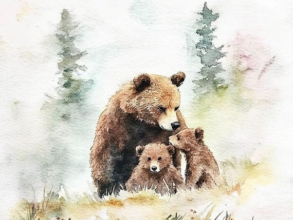 ヒグマの絵画 ママと赤ちゃん 水彩画 アートプリント 動物の壁アート