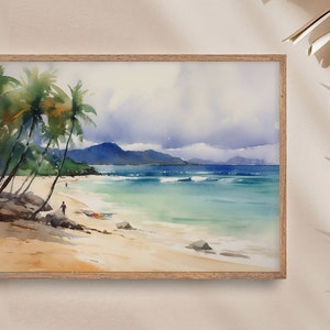 Peut inclure: Une peinture &agrave; l'aquarelle repr&eacute;sentant une sc&egrave;ne de plage tropicale avec des palmiers, de l'eau bleue et un rivage sablonneux. La peinture est encadr&eacute;e dans un cadre en bois clair.