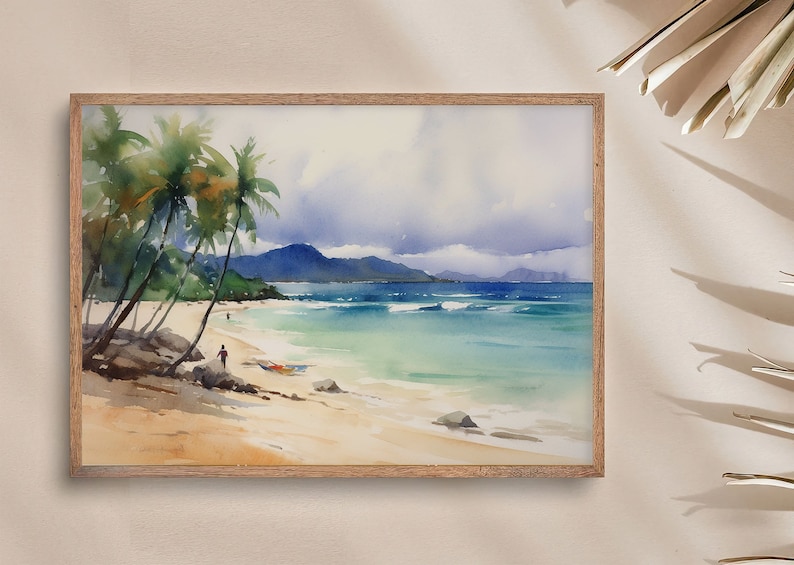 Peut inclure: Une peinture &agrave; l'aquarelle repr&eacute;sentant une sc&egrave;ne de plage tropicale avec des palmiers, de l'eau bleue et un rivage sablonneux. La peinture est encadr&eacute;e dans un cadre en bois clair.