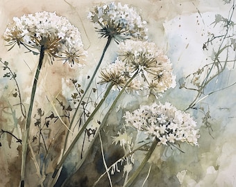 May include: A watercolour painting of white Queen Anne's Lace flowers with brown stems against a light brown and grey background.