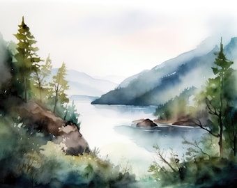 Mountain Lake Watercolor Glacier National Park Poster Blue Green Panoramic Landscape Abstract Large Nature Art Print