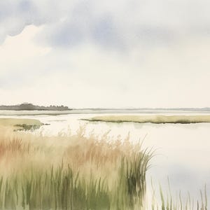 Marsh Painting Charleston Lowcountry Watercolor Art Print Landscape Wall Art Salt Marsh Artwork Green Beige Poster