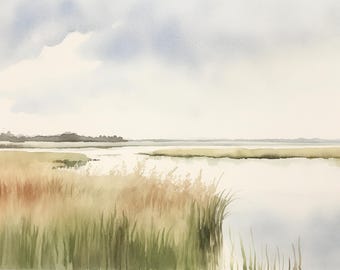 Marsh Painting Charleston Lowcountry Watercolor Art Print Landscape Wall Art Salt Marsh Artwork Green Beige Poster