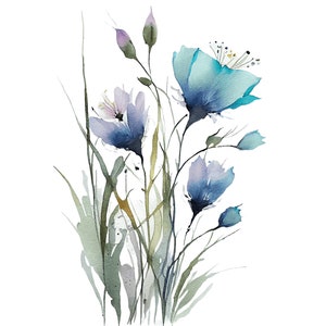 野生の花の絵画 青い花 水彩画 アートプリント ターコイズ 春の花のポスター 大きな花の壁アート