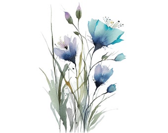Wildflowers Painting Blue Flowers Watercolor Art Print Turquoise Spring Flower Poster Large Floral Wall Art