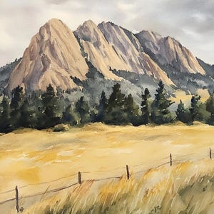 Pintura de Flatirons Boulder, Colorado, impresión de acuarela, arte mural de la cordillera, impresión de campo amarillo, póster de bosque de pinos, impresión artística de senderismo