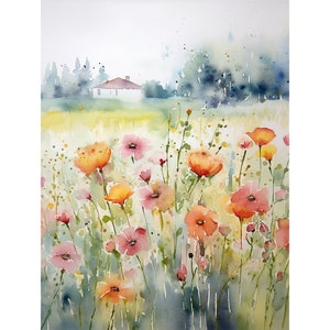 草原の絵画 農場の水彩画 野の花畑の風景 緑 灰色のアートワーク フランスの農家のポスター ポピーの花のアート